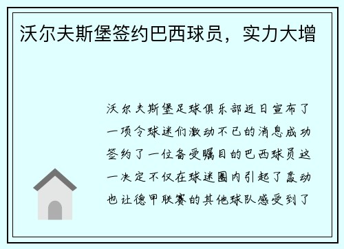 沃尔夫斯堡签约巴西球员，实力大增