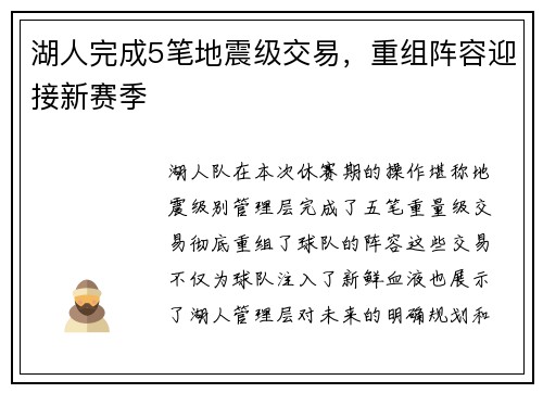 湖人完成5笔地震级交易，重组阵容迎接新赛季